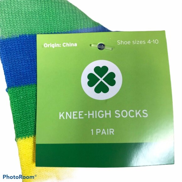 St. Patrick's Day Multicolor Rainbow Knee-High Socks Shamrock For Shoe Size 4-10 - Picture 2 of 3